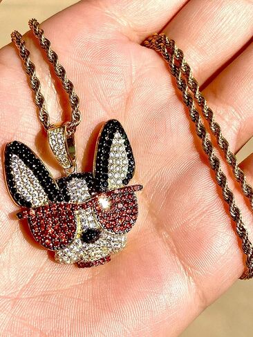 FRENCH BULL DOG Men Women 925 Italy Gold Finish Iced Silver Charm Ice Out Pendant Stainless Steel Real 3 mm Rope Chain, Mans Jewelry, Iced Pendant, Rope Necklace 16"- 24" in Saudi Arabia