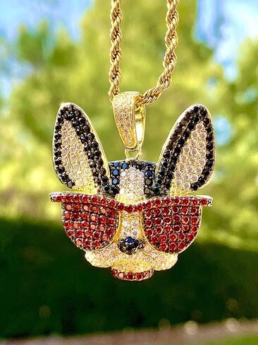 FRENCH BULL DOG Men Women 925 Italy Gold Finish Iced Silver Charm Ice Out Pendant Stainless Steel Real 3 mm Rope Chain, Mans Jewelry, Iced Pendant, Rope Necklace 16"- 24" in Saudi Arabia