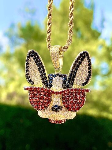 FRENCH BULL DOG Men Women 925 Italy Gold Finish Iced Silver Charm Ice Out Pendant Stainless Steel Real 3 mm Rope Chain, Mans Jewelry, Iced Pendant, Rope Necklace 16"- 24" in Saudi Arabia