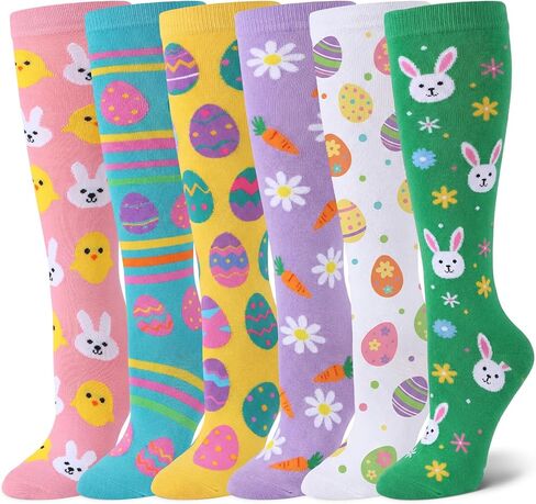 Eurzom 6 Pairs Funny Easter Knee High Socks for Teen Girls Cute Rabbit Eggs Flowers Patterns Novelty Casual Socks Spring Festive Easter Gifts for Womens Teen Girls in Saudi Arabia