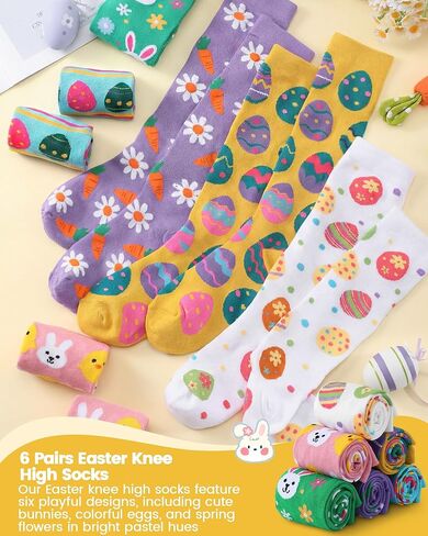 Eurzom 6 Pairs Funny Easter Knee High Socks for Teen Girls Cute Rabbit Eggs Flowers Patterns Novelty Casual Socks Spring Festive Easter Gifts for Womens Teen Girls in Saudi Arabia