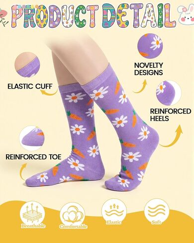 Eurzom 6 Pairs Funny Easter Knee High Socks for Teen Girls Cute Rabbit Eggs Flowers Patterns Novelty Casual Socks Spring Festive Easter Gifts for Womens Teen Girls in Saudi Arabia