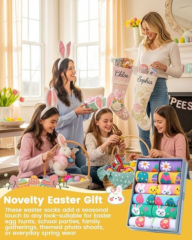 Eurzom 6 Pairs Funny Easter Knee High Socks for Teen Girls Cute Rabbit Eggs Flowers Patterns Novelty Casual Socks Spring Festive Easter Gifts for Womens Teen Girls in Saudi Arabia