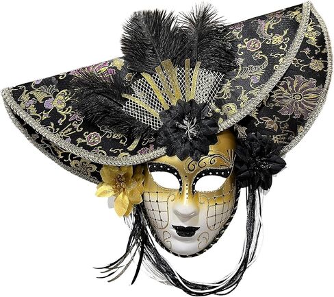 Wildarms Luxury Venetian Full Face Masquerade Mask - Feather Embroidery & Faux Flower Decor Carnival Cosplay Photography in Saudi Arabia