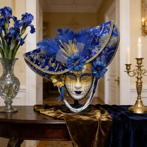 Wildarms Luxury Venetian Full Face Masquerade Mask - Feather Embroidery & Faux Flower Decor Carnival Cosplay Photography in Saudi Arabia