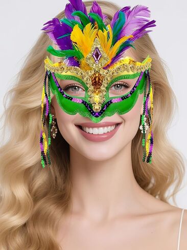 قناع تنكرية من الريش الملون من Cutepet Mardi Gras للنساء مع شرابة وترتر، زي كرنفال البندقية، حفلة الهالوين التنكرية in Kuwait