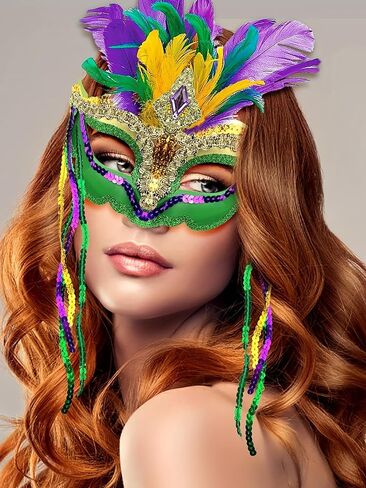 قناع تنكرية من الريش الملون من Cutepet Mardi Gras للنساء مع شرابة وترتر، زي كرنفال البندقية، حفلة الهالوين التنكرية in Kuwait