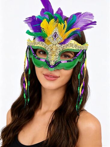 قناع تنكرية من الريش الملون من Cutepet Mardi Gras للنساء مع شرابة وترتر، زي كرنفال البندقية، حفلة الهالوين التنكرية in Kuwait