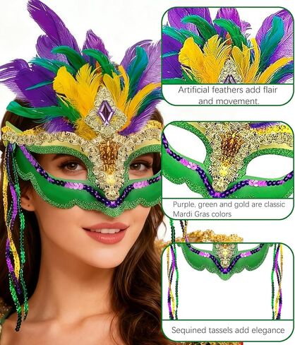 قناع تنكرية من الريش الملون من Cutepet Mardi Gras للنساء مع شرابة وترتر، زي كرنفال البندقية، حفلة الهالوين التنكرية in Kuwait