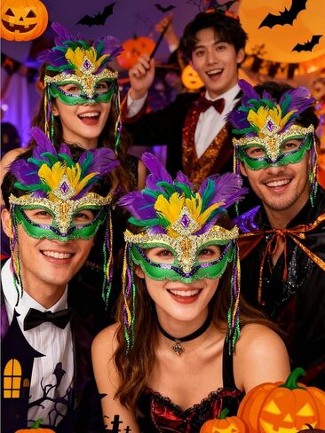 قناع تنكرية من الريش الملون من Cutepet Mardi Gras للنساء مع شرابة وترتر، زي كرنفال البندقية، حفلة الهالوين التنكرية in Kuwait