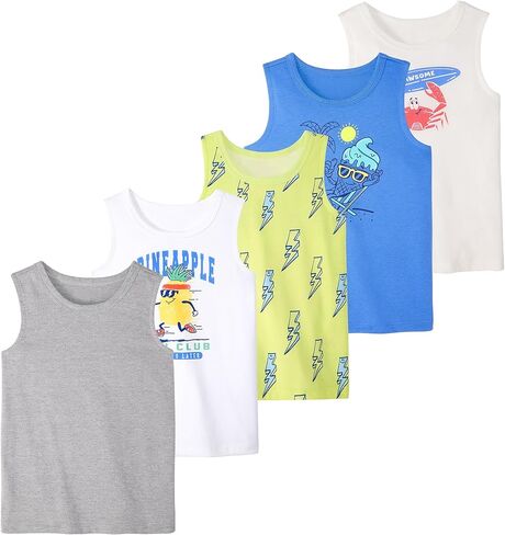 تي شيرتات الشاطئ للأطفال والرضع من Garanimals - تي شيرت بدون أكمام للأطفال - مقاس 6T - أبيض فاتح، أزرق، أصفر، رمادي متوسط، أبيض - 5 قطع in Kuwait