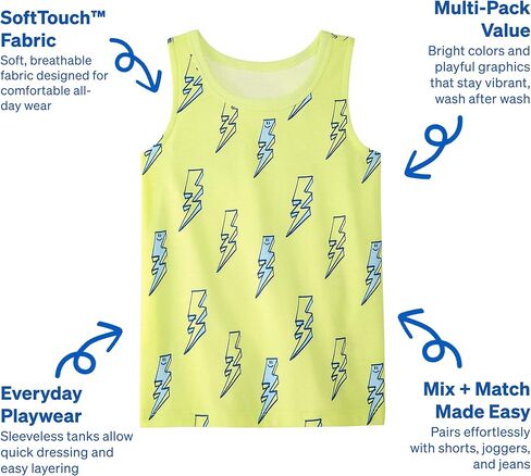 تي شيرتات الشاطئ للأطفال والرضع من Garanimals - تي شيرت بدون أكمام للأطفال - مقاس 6T - أبيض فاتح، أزرق، أصفر، رمادي متوسط، أبيض - 5 قطع in Kuwait