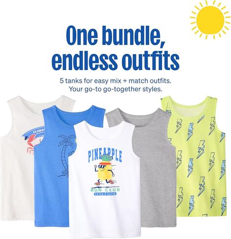 تي شيرتات الشاطئ للأطفال والرضع من Garanimals - تي شيرت بدون أكمام للأطفال - مقاس 6T - أبيض فاتح، أزرق، أصفر، رمادي متوسط، أبيض - 5 قطع in Kuwait