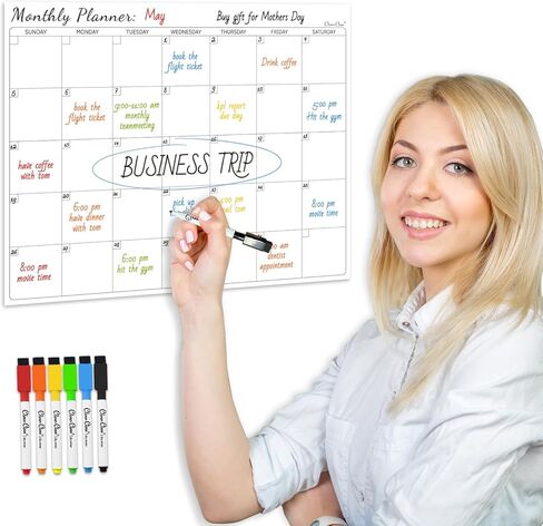 Non-Magnetic Dry Erase Calendar for Fridge - Reusable Monthly Calendar Sticks to Most Smooth Surfaces - 6 Dry Erase Markers Included - Shipped Flat in Saudi Arabia