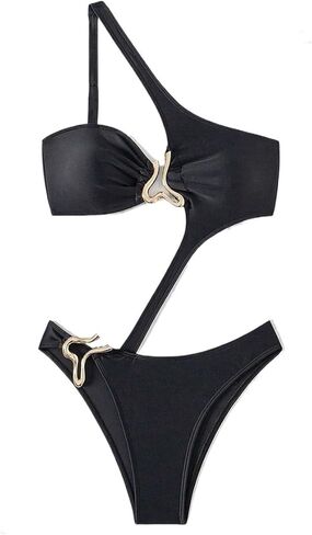 Womens High Cut Cutout Sexy One-Piece Swimsuit Monokini with Asymmetrical Neck Metal Accents for Beach and Vacation in Saudi Arabia
