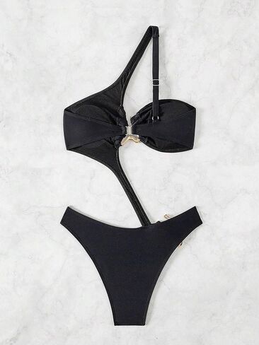 Womens High Cut Cutout Sexy One-Piece Swimsuit Monokini with Asymmetrical Neck Metal Accents for Beach and Vacation in Saudi Arabia