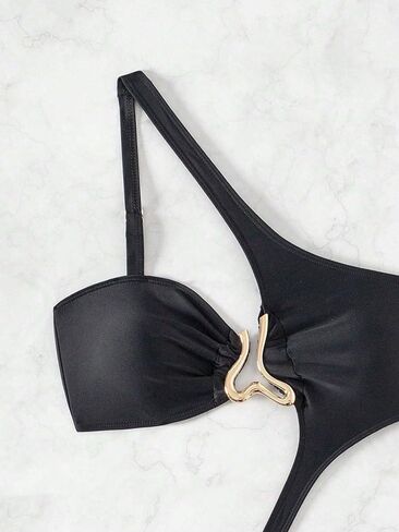Womens High Cut Cutout Sexy One-Piece Swimsuit Monokini with Asymmetrical Neck Metal Accents for Beach and Vacation in Saudi Arabia
