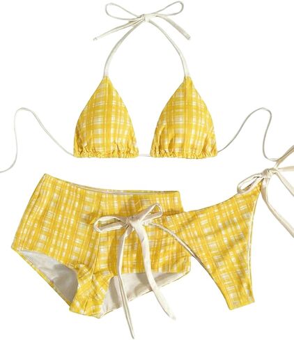 Verdusa Women's 3 Piece Boho Gingham Halter String Bikini Set High Cut Swimsuit with Boyshorts in Saudi Arabia