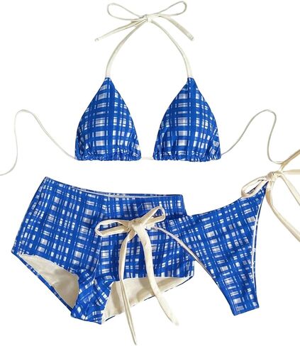 Verdusa Women's 3 Piece Boho Gingham Halter String Bikini Set High Cut Swimsuit with Boyshorts in Saudi Arabia