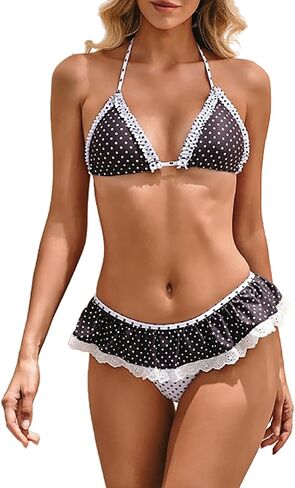 HYPERFIRE Women's Polka Dots Halter String Triangle Bikini Sets Ruffle Low Waisted 2 Piece Bathing Suit Retro Swimsuit in Saudi Arabia