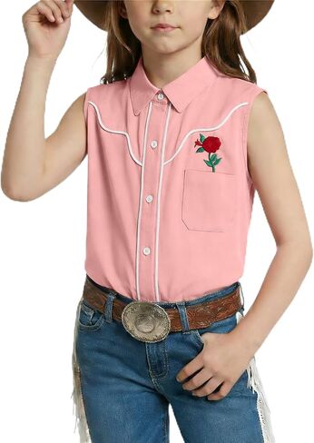 Western Shirts for Girls Retro Cowgirl Sleeveless Button Down Shirts Casual Summer Collared Blouses Tops in Saudi Arabia