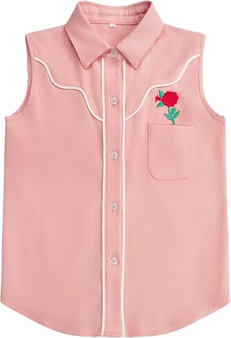 Western Shirts for Girls Retro Cowgirl Sleeveless Button Down Shirts Casual Summer Collared Blouses Tops in Saudi Arabia