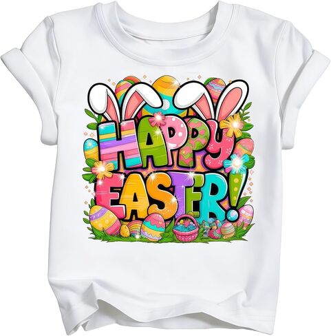 Easter Shirts for Girls Kids Happy Bunny T-Shirts Toddler Cute Rabbit Egg Cotton Short Sleeve Tops 2026 (3T-10T) in Saudi Arabia