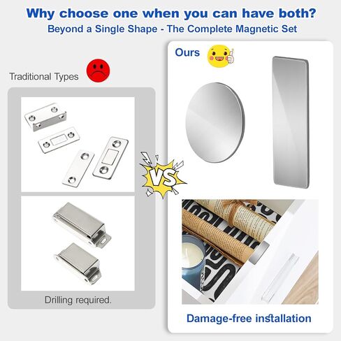 12 قطعة من مقابض الأبواب المغناطيسية (6 مستطيلة و6 دائرية)، مغناطيسات خزانة رفيعة للغاية للإغلاق، درج لاصق ومزالج خزانة، من الفولاذ المقاوم للصدأ سهل التركيب بشريط مزدوج الجوانب in Kuwait