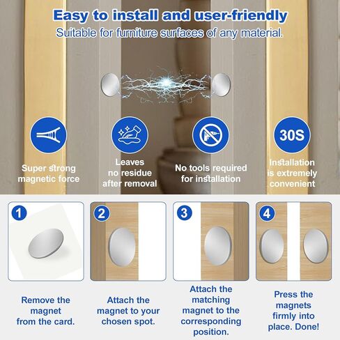 12 قطعة من مقابض الأبواب المغناطيسية (6 مستطيلة و6 دائرية)، مغناطيسات خزانة رفيعة للغاية للإغلاق، درج لاصق ومزالج خزانة، من الفولاذ المقاوم للصدأ سهل التركيب بشريط مزدوج الجوانب in Kuwait