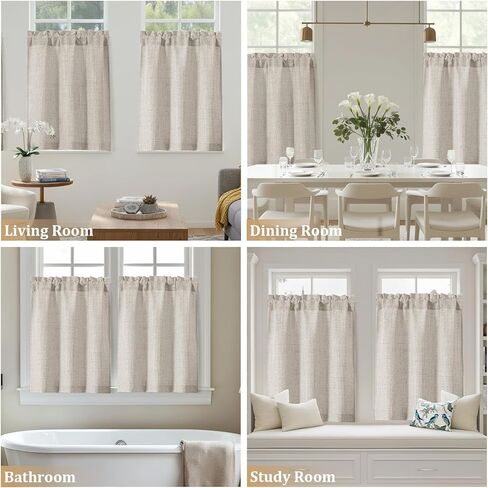 ستائر المطبخ بطول 91.44 سم - ستائر صغيرة من الكتان الصناعي المرشحة للضوء لنصف نافذة، ستائر قصيرة بجيب قضيب للطابق السفلي للحمام، لوحتان، لون الكتان، 30 عرض × 36 طول in Kuwait
