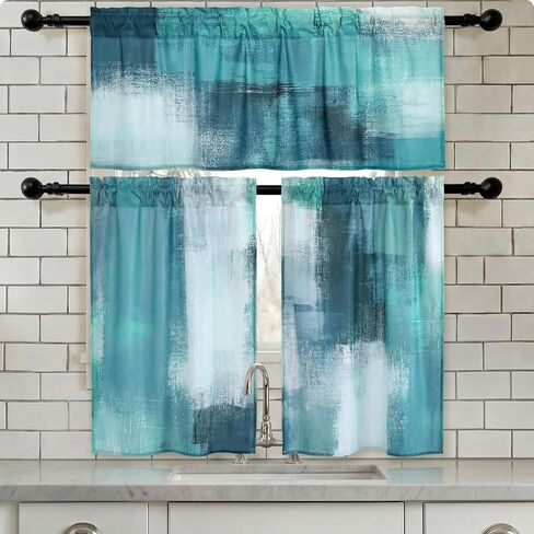 3 Pcs Abstract Kitchen Window Curtains Valance and Tier Set Decor Teal Turquoise Grey Modern Rod Pocket Short Tier Curtain Graffiti Artwork Valance for Cafe Kitchen Home Decoration in Saudi Arabia