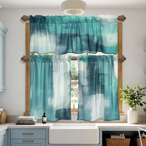 3 Pcs Abstract Kitchen Window Curtains Valance and Tier Set Decor Teal Turquoise Grey Modern Rod Pocket Short Tier Curtain Graffiti Artwork Valance for Cafe Kitchen Home Decoration in Saudi Arabia