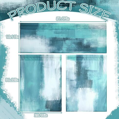 3 Pcs Abstract Kitchen Window Curtains Valance and Tier Set Decor Teal Turquoise Grey Modern Rod Pocket Short Tier Curtain Graffiti Artwork Valance for Cafe Kitchen Home Decoration in Saudi Arabia