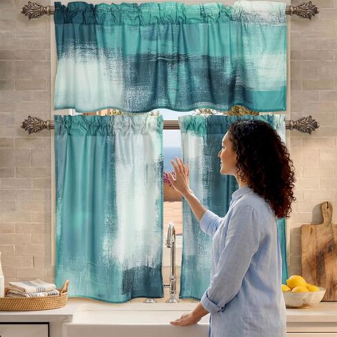 3 Pcs Abstract Kitchen Window Curtains Valance and Tier Set Decor Teal Turquoise Grey Modern Rod Pocket Short Tier Curtain Graffiti Artwork Valance for Cafe Kitchen Home Decoration in Saudi Arabia