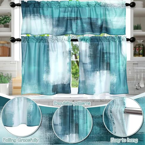3 Pcs Abstract Kitchen Window Curtains Valance and Tier Set Decor Teal Turquoise Grey Modern Rod Pocket Short Tier Curtain Graffiti Artwork Valance for Cafe Kitchen Home Decoration in Saudi Arabia