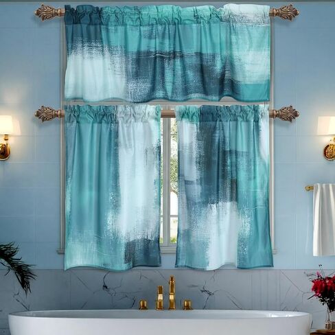 3 Pcs Abstract Kitchen Window Curtains Valance and Tier Set Decor Teal Turquoise Grey Modern Rod Pocket Short Tier Curtain Graffiti Artwork Valance for Cafe Kitchen Home Decoration in Saudi Arabia