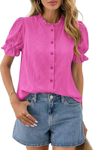PRETTYGARDEN Womens Puff Short Sleeve Tops 2026 Summer Spring Button Down Boho Embroidered Cute Blouse Dressy Casual Shirts in Saudi Arabia