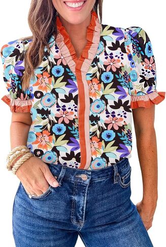 Cicy Bell Womens Summer Floral Print Tops Casual Puff Short Sleeve Ruffle V Neck Button Down Shirts Patchwork Boho Blouses in Saudi Arabia