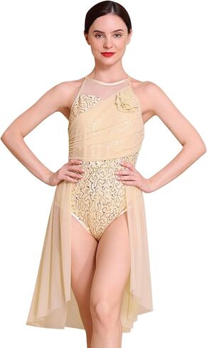 AFAVOM Lyrical Dance Costume for Women Sequin Flower Lyrical Dress Flowy Tulle Contemporary Dance Costumes ﻿for Performance in Saudi Arabia