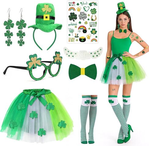 8 Pieces St. Patrick's Day Costume for Women,Green Tutu Skirts Green Top Hat Headband Shamrock Earrings Leprechaun Costume Striped Socks St. Patricks Day Party Favour in Saudi Arabia