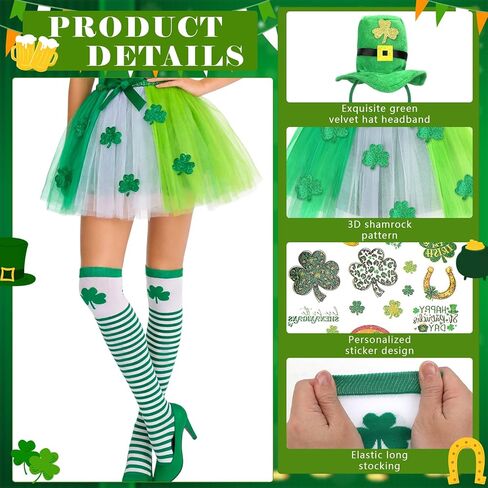 8 Pieces St. Patrick's Day Costume for Women,Green Tutu Skirts Green Top Hat Headband Shamrock Earrings Leprechaun Costume Striped Socks St. Patricks Day Party Favour in Saudi Arabia