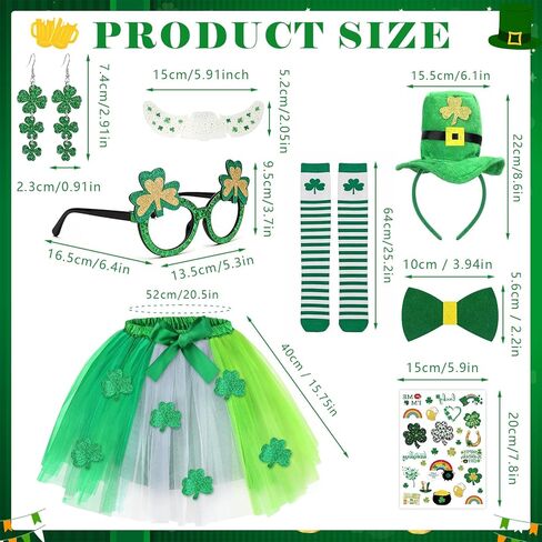 8 Pieces St. Patrick's Day Costume for Women,Green Tutu Skirts Green Top Hat Headband Shamrock Earrings Leprechaun Costume Striped Socks St. Patricks Day Party Favour in Saudi Arabia