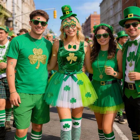 8 Pieces St. Patrick's Day Costume for Women,Green Tutu Skirts Green Top Hat Headband Shamrock Earrings Leprechaun Costume Striped Socks St. Patricks Day Party Favour in Saudi Arabia