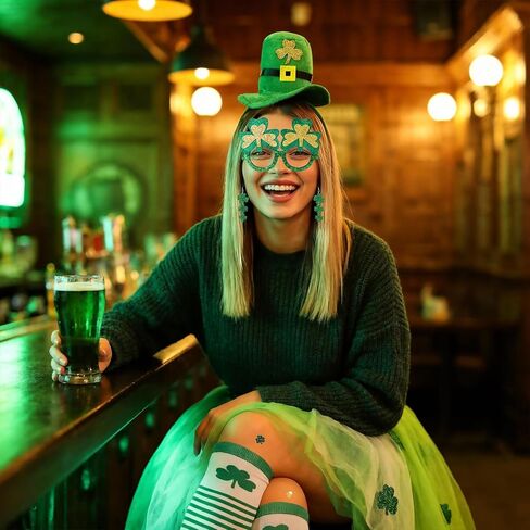 8 Pieces St. Patrick's Day Costume for Women,Green Tutu Skirts Green Top Hat Headband Shamrock Earrings Leprechaun Costume Striped Socks St. Patricks Day Party Favour in Saudi Arabia