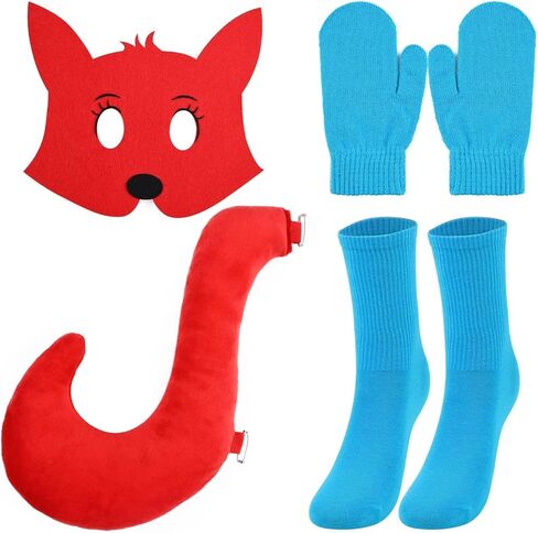 4Pcs Red Fox Costume Accessory Set Includes Fox Mask Tail Blue Gloves Socks for World Book Day Fancy Dress Party Supplies in Saudi Arabia