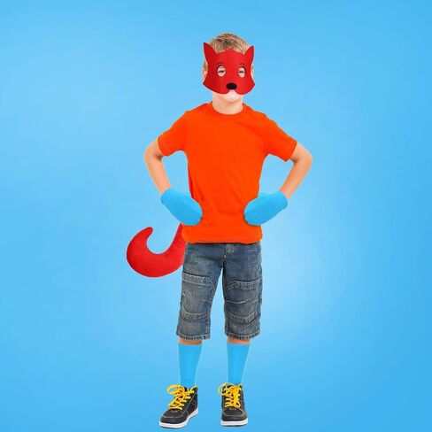 4Pcs Red Fox Costume Accessory Set Includes Fox Mask Tail Blue Gloves Socks for World Book Day Fancy Dress Party Supplies in Saudi Arabia
