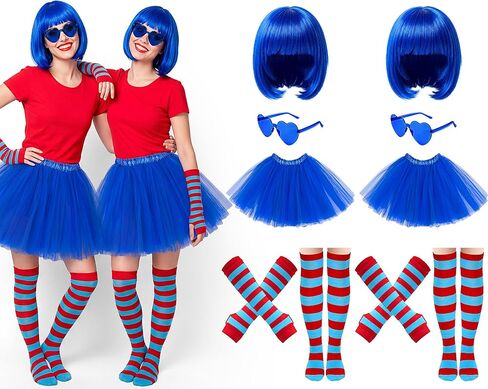 Hercicy 10 Pcs Women Blue Red Costume Outfit Set, Short Wig Tutu Skirt Striped Knee High Sock Sunglasses Fingerless Glove in Saudi Arabia