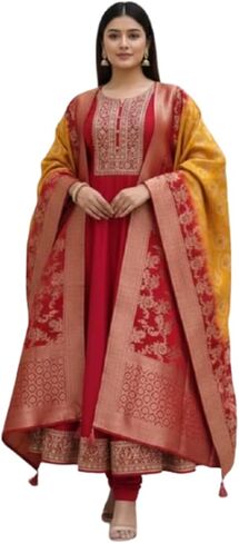 Women's Anarkali Kurta Set, Red with Yellow Dupatta, Embroidered Neckline, Indian Ethnic Wear in Saudi Arabia
