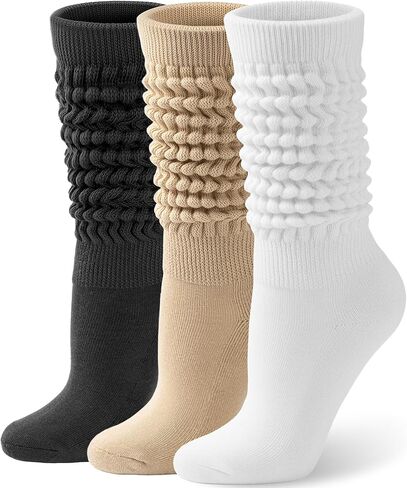 HONGTEYA 3Pairs Slouchy Socks for Women Cotton Knee High Boot Slouch Scrunch Long Leg Warmers Tube Soft Cozy Size 5-11 in Saudi Arabia