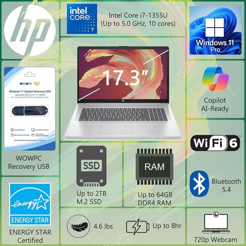 كمبيوتر محمول HP 17 Business، الجيل الثالث عشر Intel 10-Core i5-1334U (Beats i7-1255U)، شاشة LED مضادة للوهج مقاس 17.3 بوصة، Copilot AI-Ready، ذاكرة الوصول العشوائي 32 جيجابايت، 1 تيرابايت SSD، Wi-Fi 6، HDMI، Microsoft Office، Windows 11 Pro، WOWPC USB in Kuwait